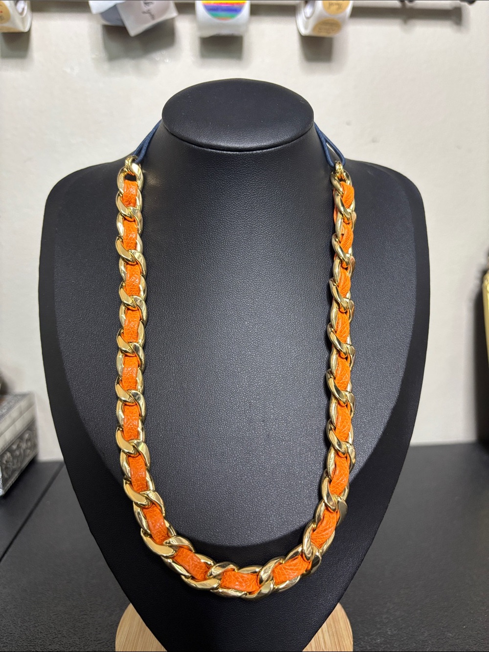 Juicy Couture Gold Chain Orange Leather Headband Navy Blue